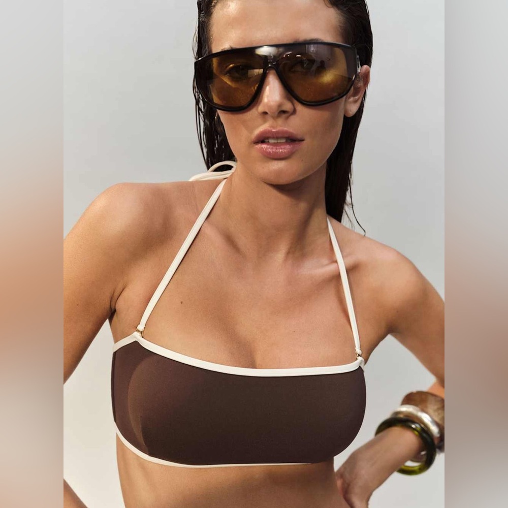 Reformation Praia Bandeau/Halter Bikini Top Brown with White Piping - Size Small